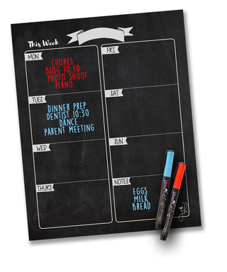 Weekly Planner Board Dry Erase Calendar- Chalkboard Design - With Markers