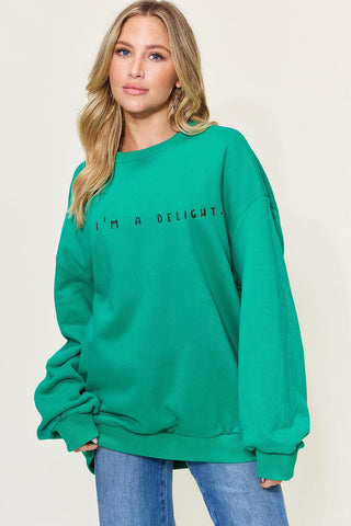 Simply Love Full Size I'M A DELIGHT Drop Shoulder Oversized Sweatshirt - Olive Ave